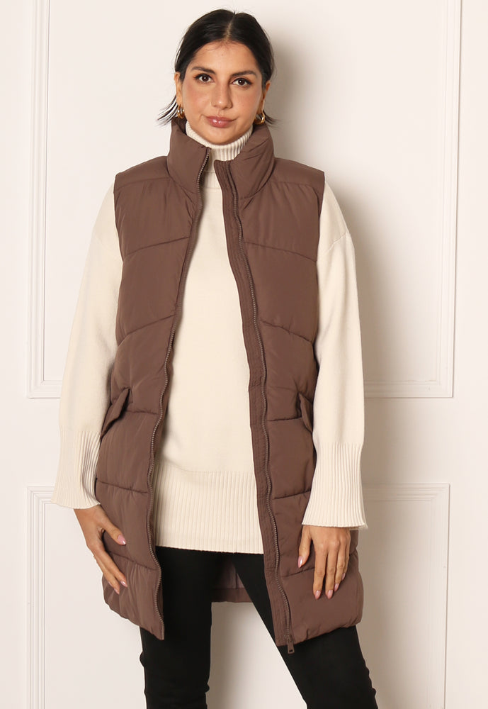ONLY Matilde Chevron Longline Padded Puffer Sleeveless Gilet in Mocha Brown - One Nation Clothing