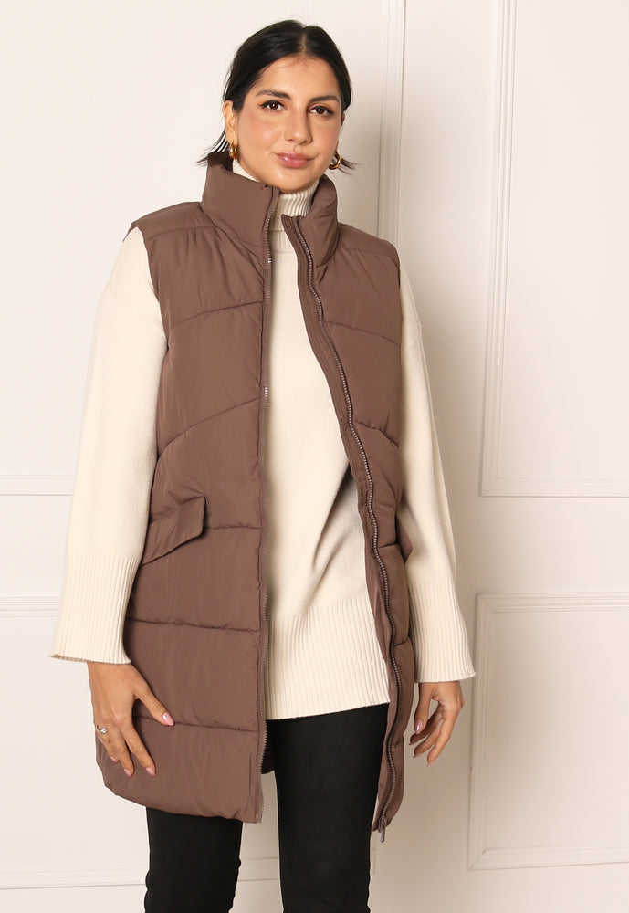 
                  
                    ONLY Matilde Chevron Longline Padded Puffer Sleeveless Gilet in Mocha Brown - One Nation Clothing
                  
                