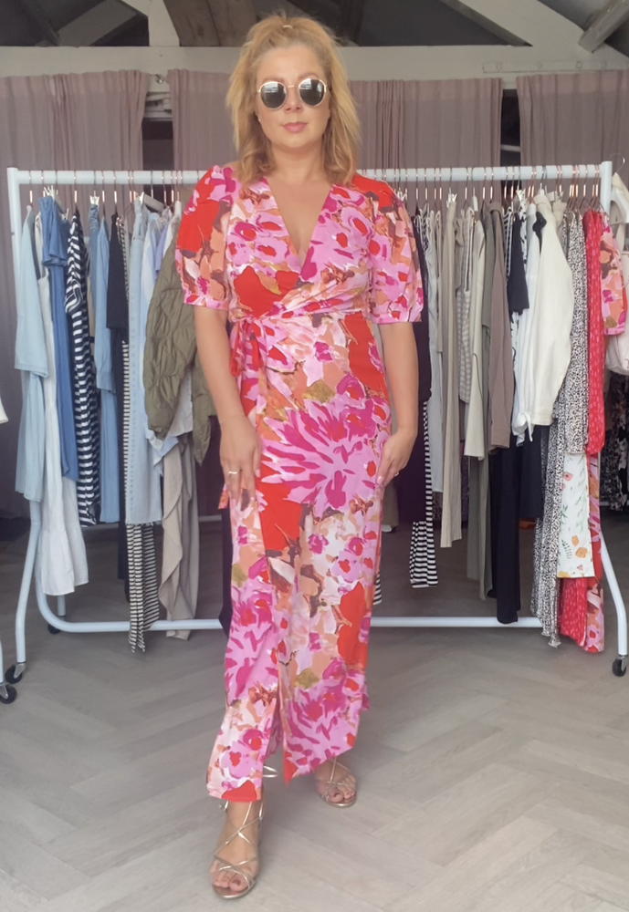 VILA Doletta Floral Print Maxi Wrap Dress in Red & Pink - One Nation Clothing