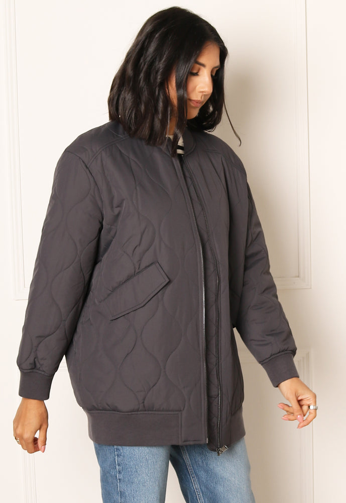 ONLY Oversized Long Onion Quilted Bomber Jacket in Dark Grey - One Nation Clothing