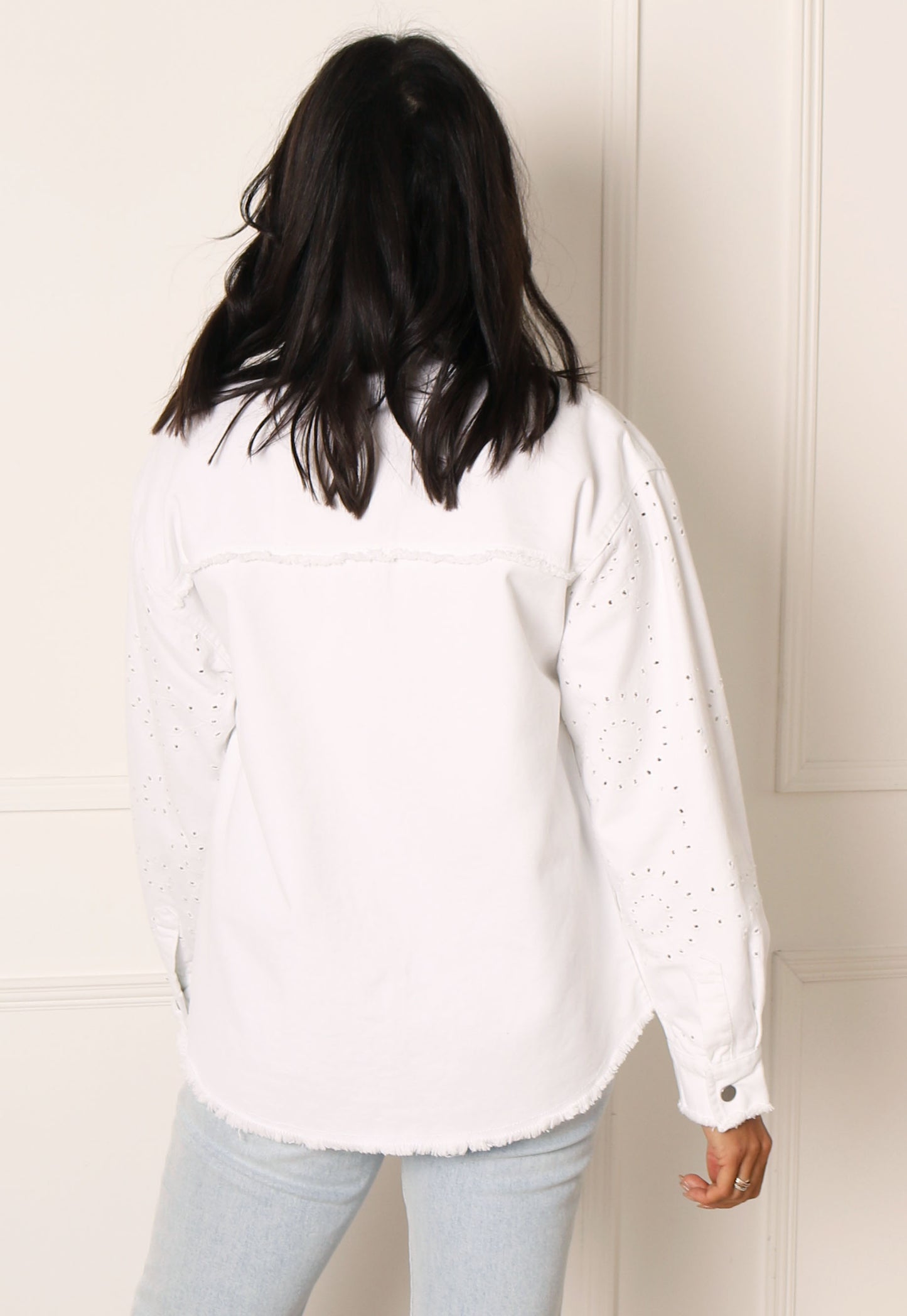 
                  
                    ONLY Elena Oversized Raw Hem Embroidered Shacket in White - One Nation Clothing
                  
                