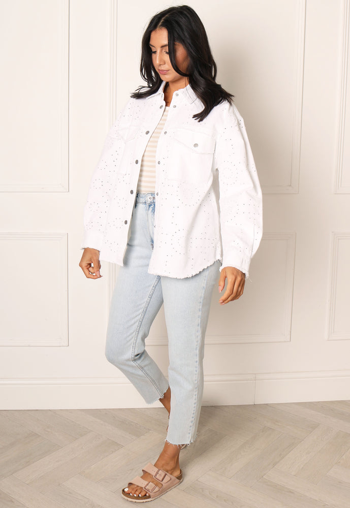 
                  
                    ONLY Elena Oversized Raw Hem Embroidered Shacket in White - One Nation Clothing
                  
                