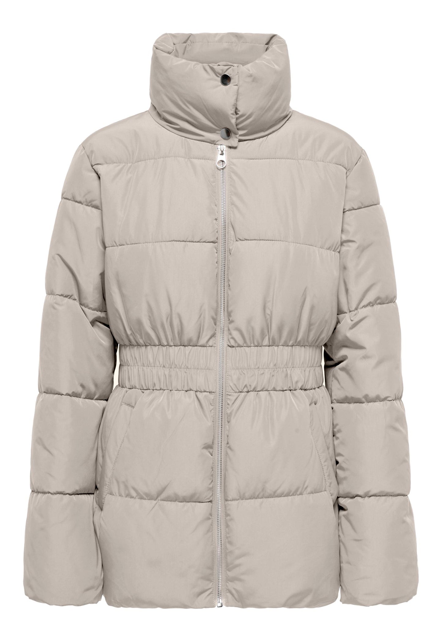 JDY Imagine Longline Hooded Puffer Jacket with Elasticated Waist in Cream - One Nation Clothing