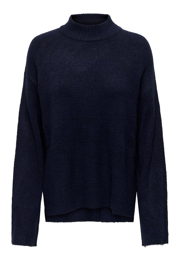 JDY Elanora High Neck Fluffy Knit Jumper with Side Splits in Navy Blue - One Nation Clothing