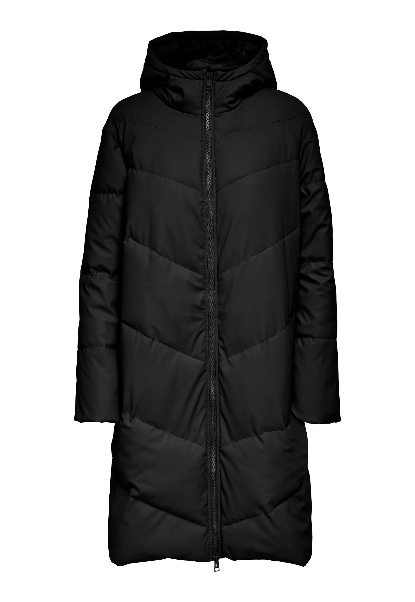 JDY Ulrikka Water Repellent Quilted Long Hooded Puffer Coat in Black ...