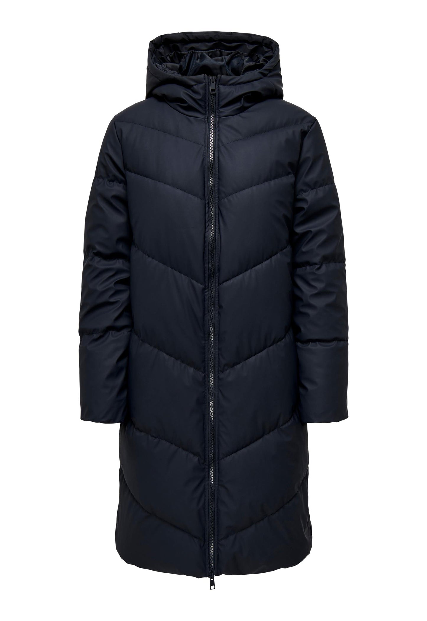 JDY Ulrikka Water Repellent Quilted Long Hooded Puffer Coat in Navy Blue - One Nation Clothing