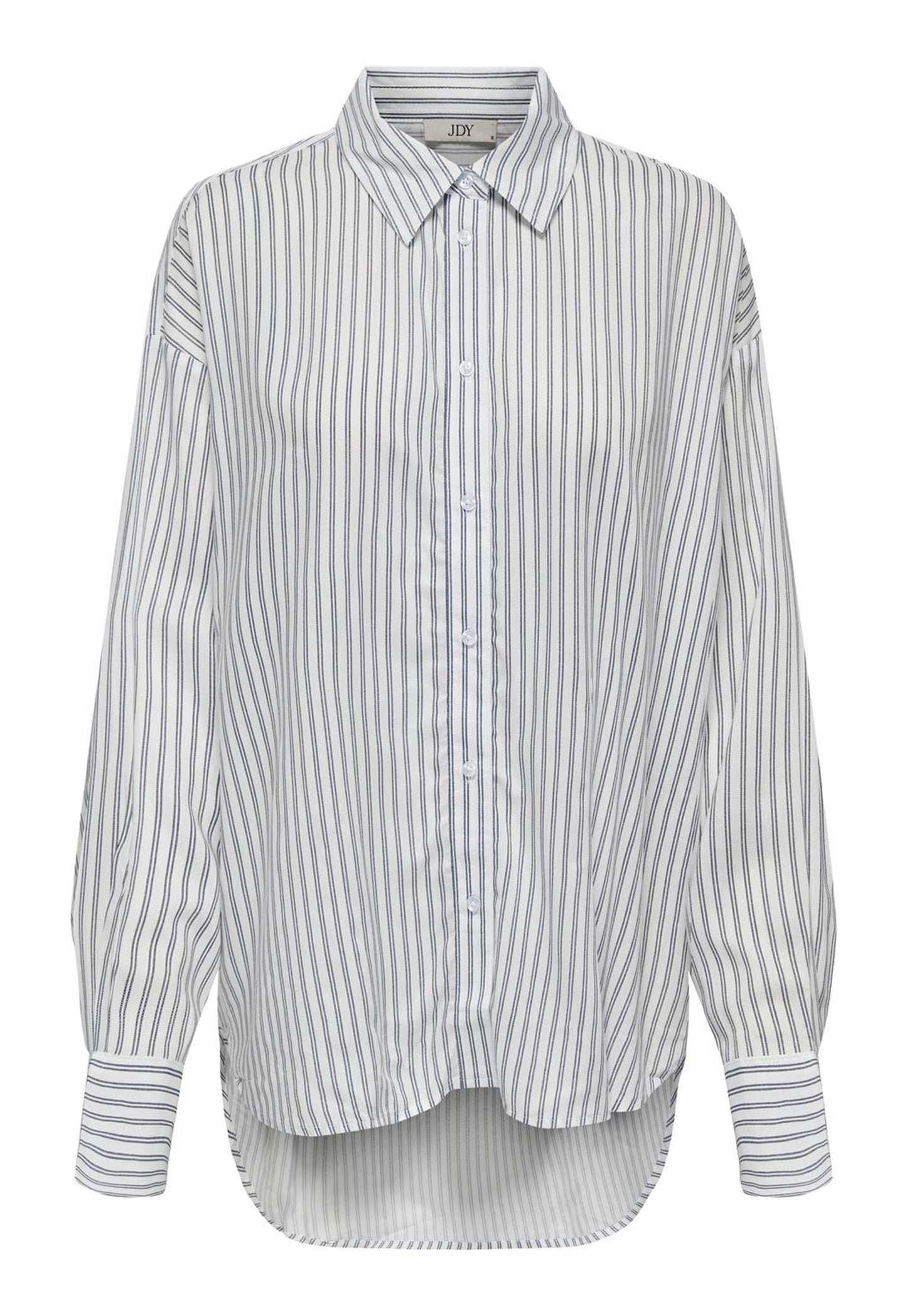 
                  
                    JDY Grace Stripe Longline langærmet bomuldsskjorte med dyb søm i hvid og marineblå - One Nation-tøj
                  
                