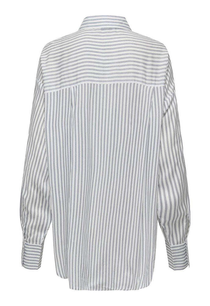 
                  
                    JDY Grace Stripe Longline Long Sleeve Cotton Shirt with Dip Hem in White & Navy - One Nation Clothing
                  
                