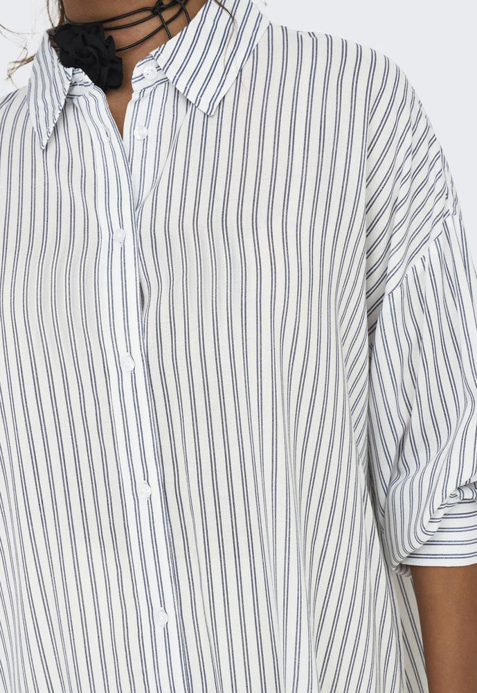 
                  
                    JDY Grace Stripe Longline Long Sleeve Cotton Shirt with Dip Hem in White & Navy - One Nation Clothing
                  
                