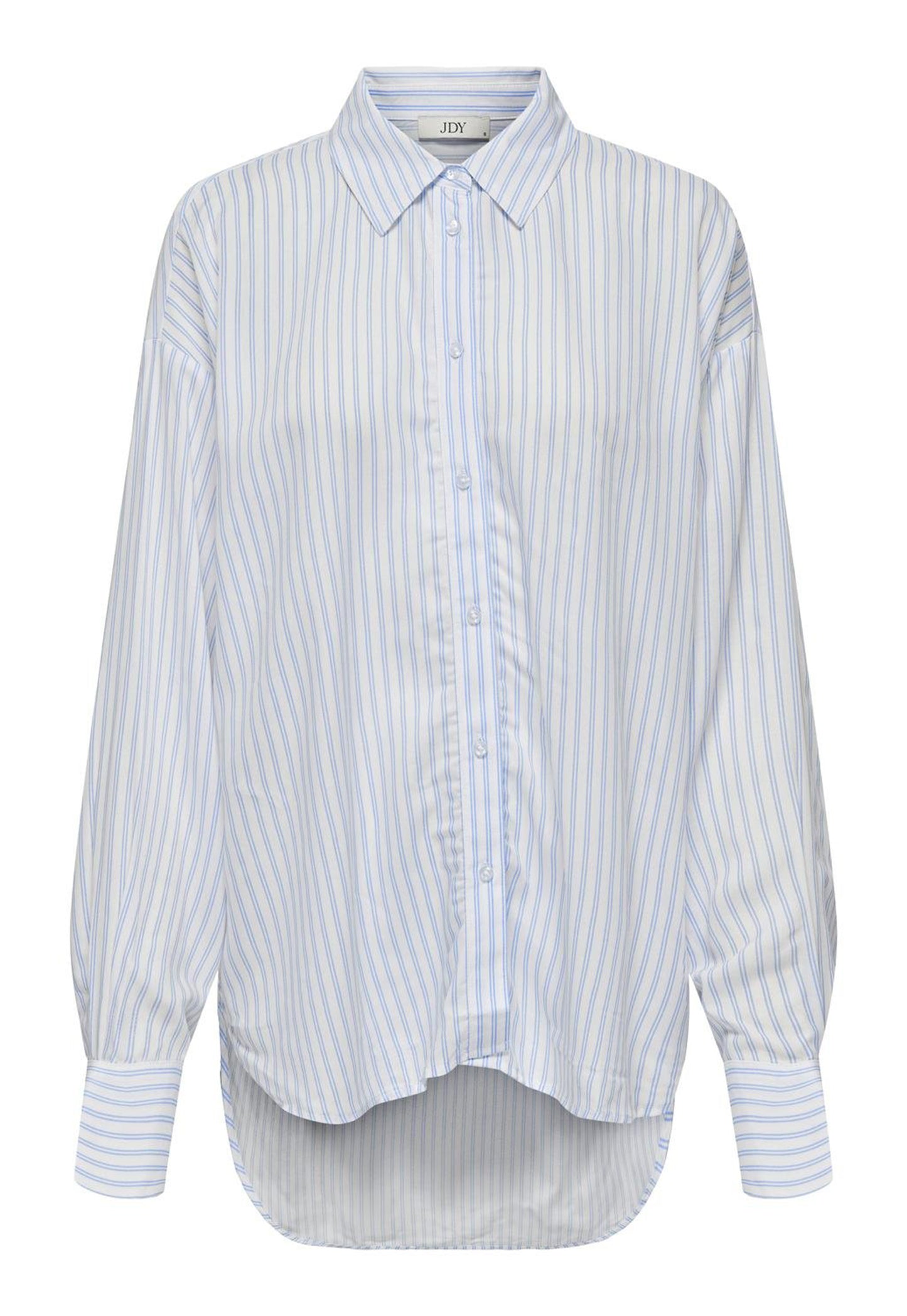 
                  
                    JDY Grace Stripe Longline Langarm-Baumwollhemd mit abfallendem Saum in Weiß und Hellblau – One Nation Clothing
                  
                