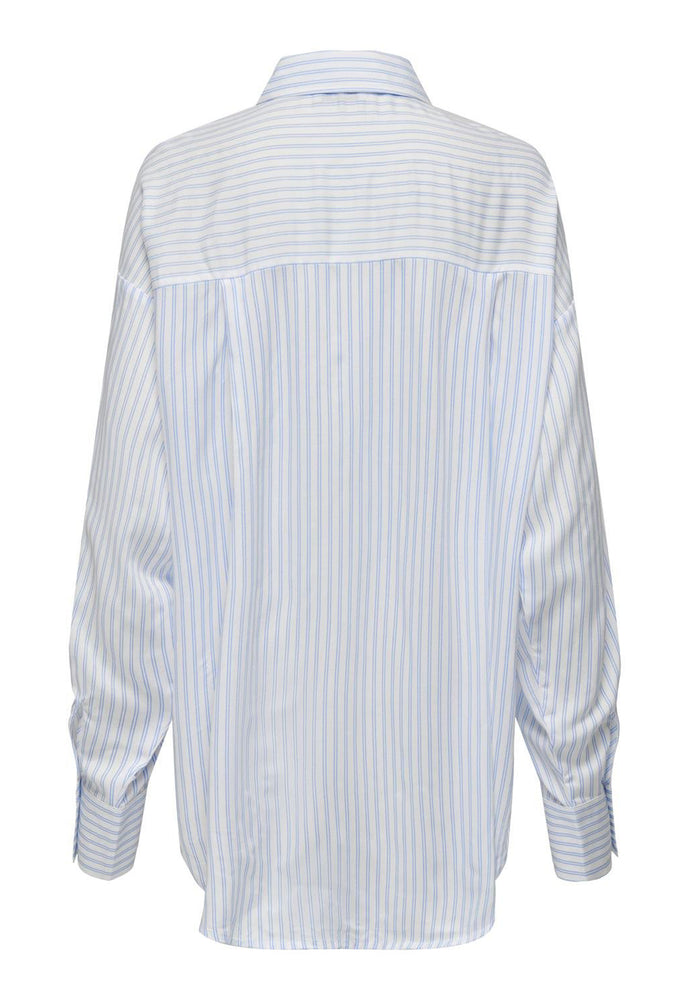 
                  
                    JDY Grace Stripe Longline Long Sleeve Cotton Shirt with Dip Hem in White & Light Blue - One Nation Clothing
                  
                
