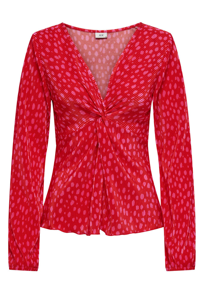 
                  
                    JDY Cita Animal Print Plisse V Neck Twist Front Top with Long Sleeves in Red & Pink - One Nation Clothing
                  
                
