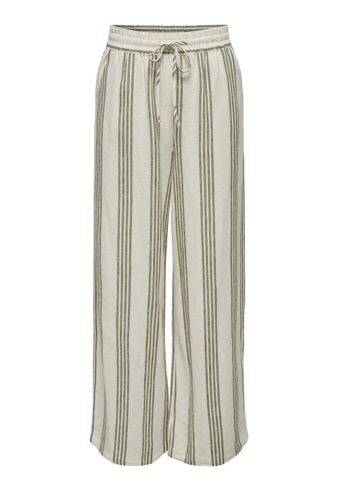 JDY Say High Waisted Wide Leg Stripe Linen Co-ord Trousers with Tie Waist in Beige & Olive Green - One Nation Clothing