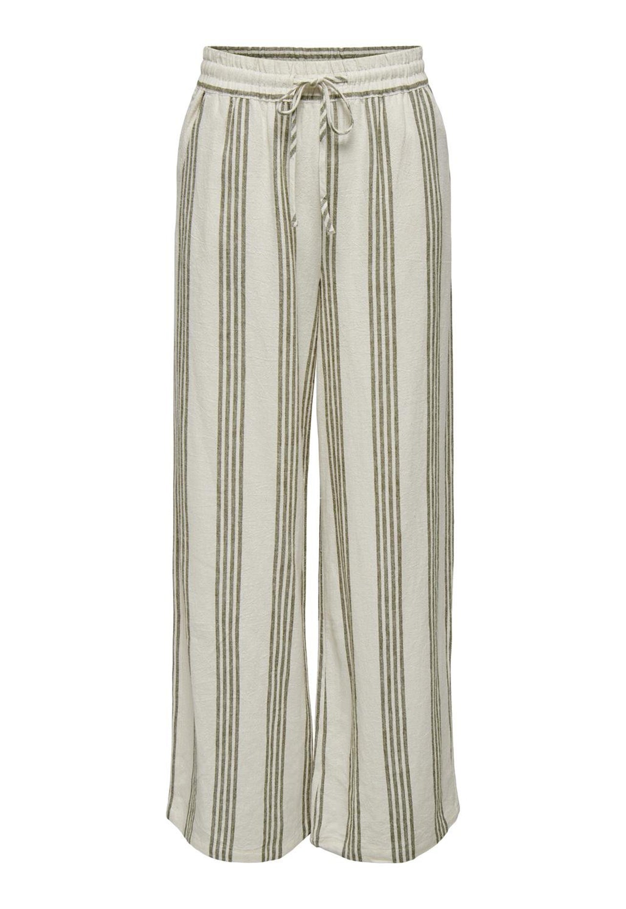 JDY Say Højtaljede, brede ben-stribede hør-Co-ord-bukser med bindebånd i taljen i beige og olivengrøn - One Nation-tøj
