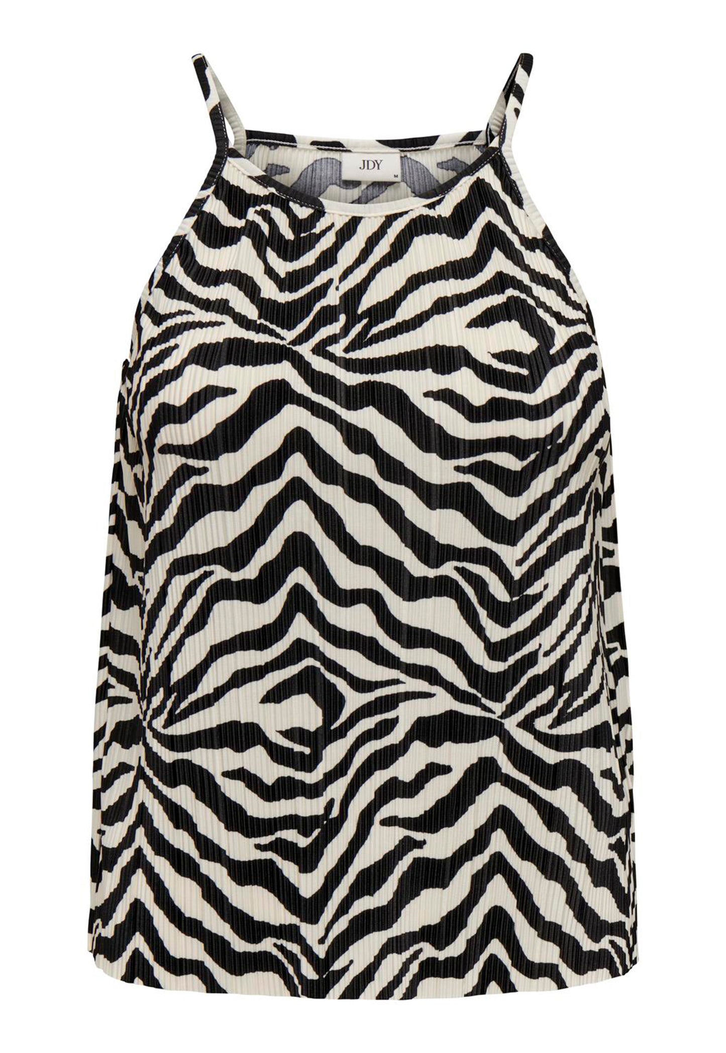 
                  
                    JDY Bravo Zebra Print Plisse Racer Strappy Vest Topp i Black & Cream - One Nation Clothing
                  
                