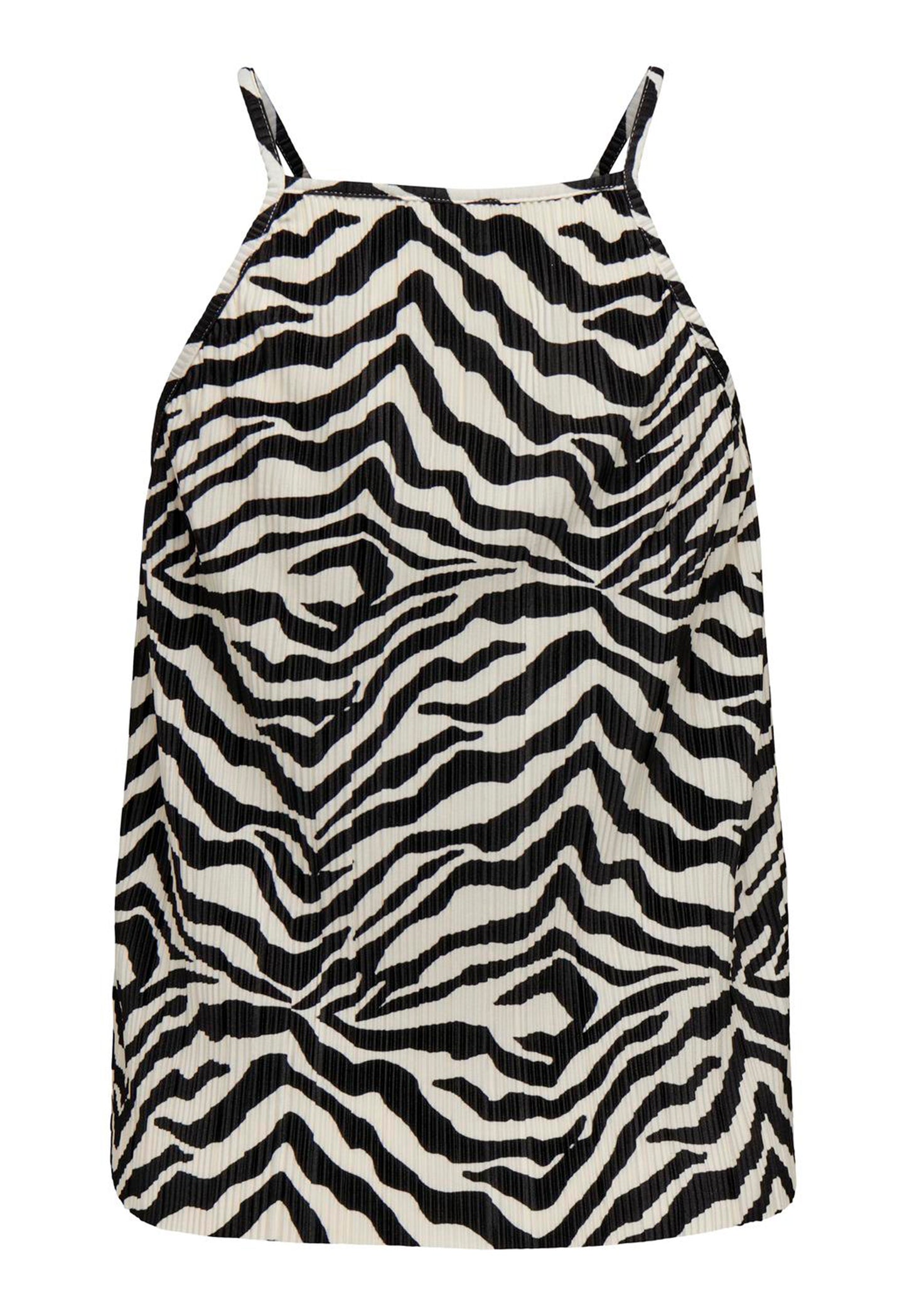 
                  
                    JDY Bravo Zebra Print Plisse Racer Strappy Vest Topp i Black & Cream - One Nation Clothing
                  
                