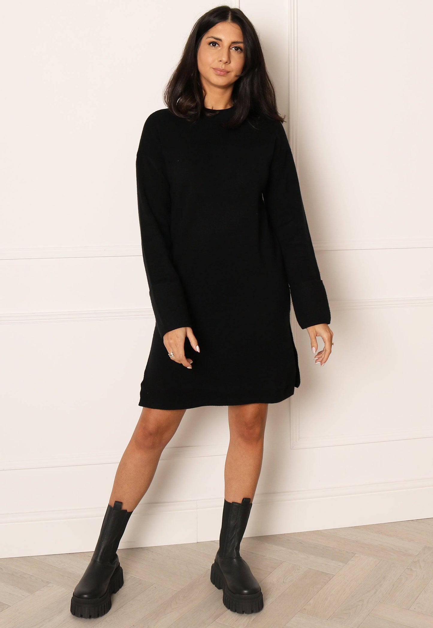 VERO MODA Gold Soft Knit Jumper Dress with side Splits in Black - One Nation Clothing