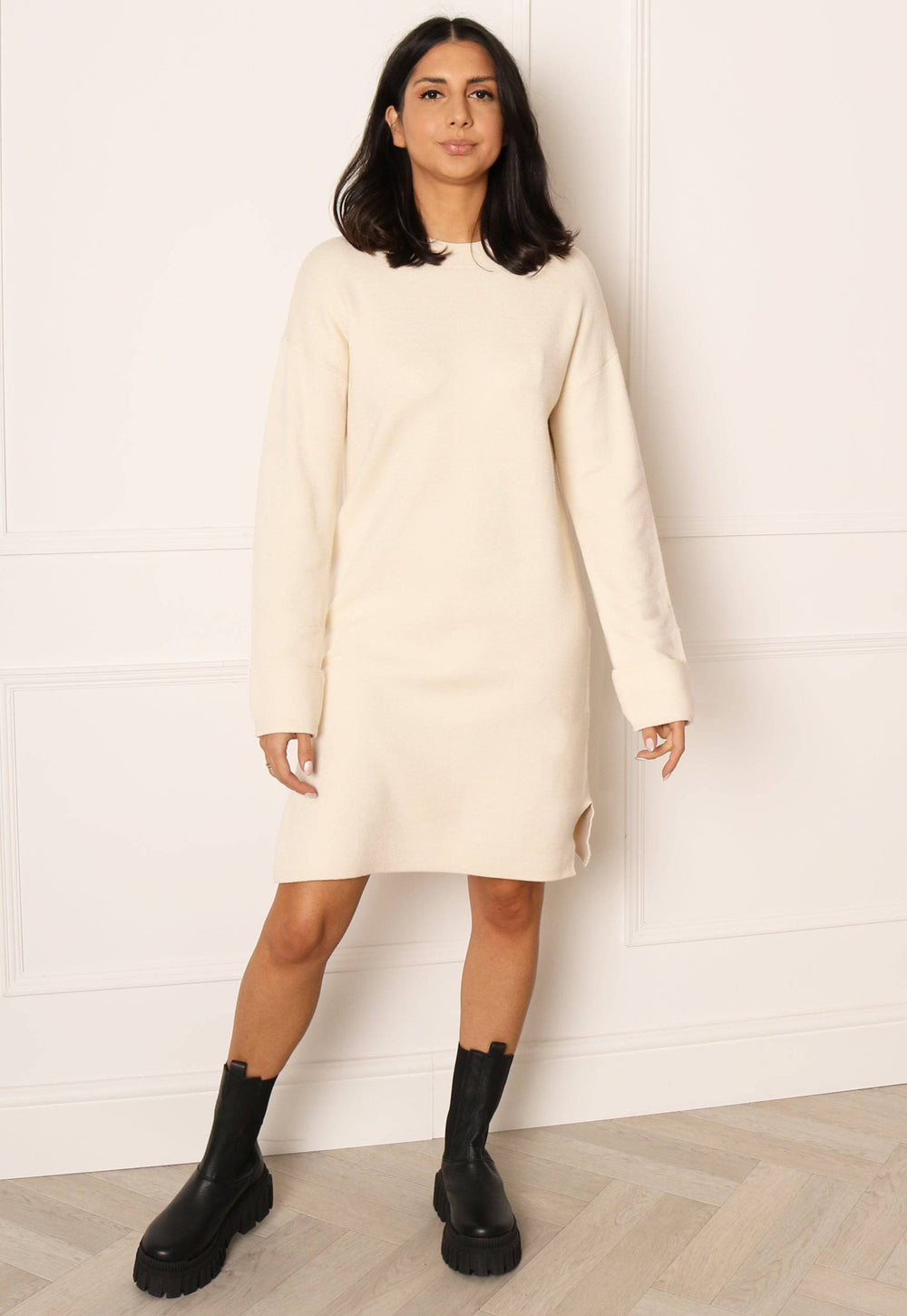 VERO MODA Gold Soft Knit Jumper Dress with side Splits in Soft Cream - One Nation Clothing