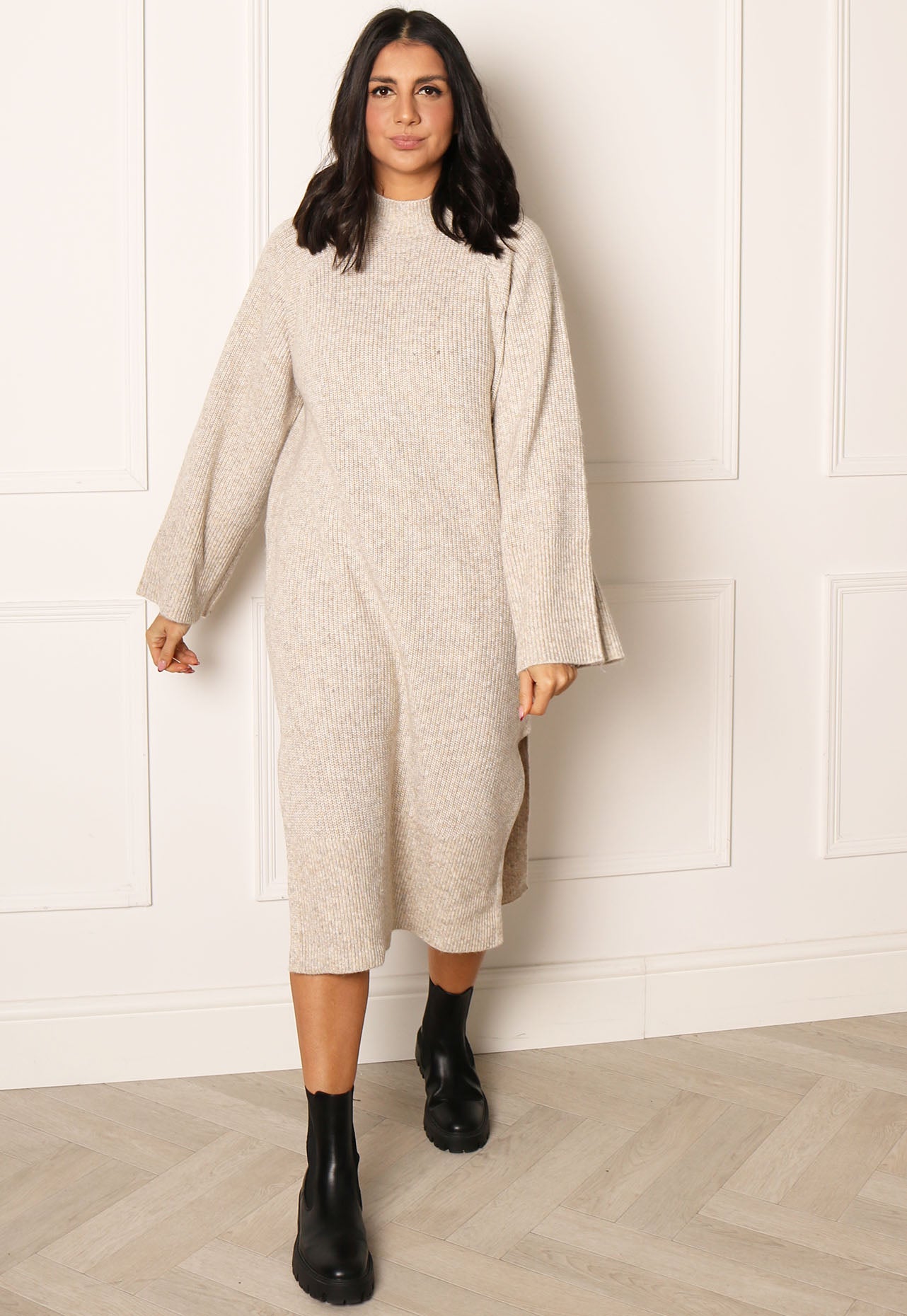 PIECES Jade Oversized Chunky Knit Long Sleeve High Neck Jumper Dress in Cream Melange - One Nation Clothing
