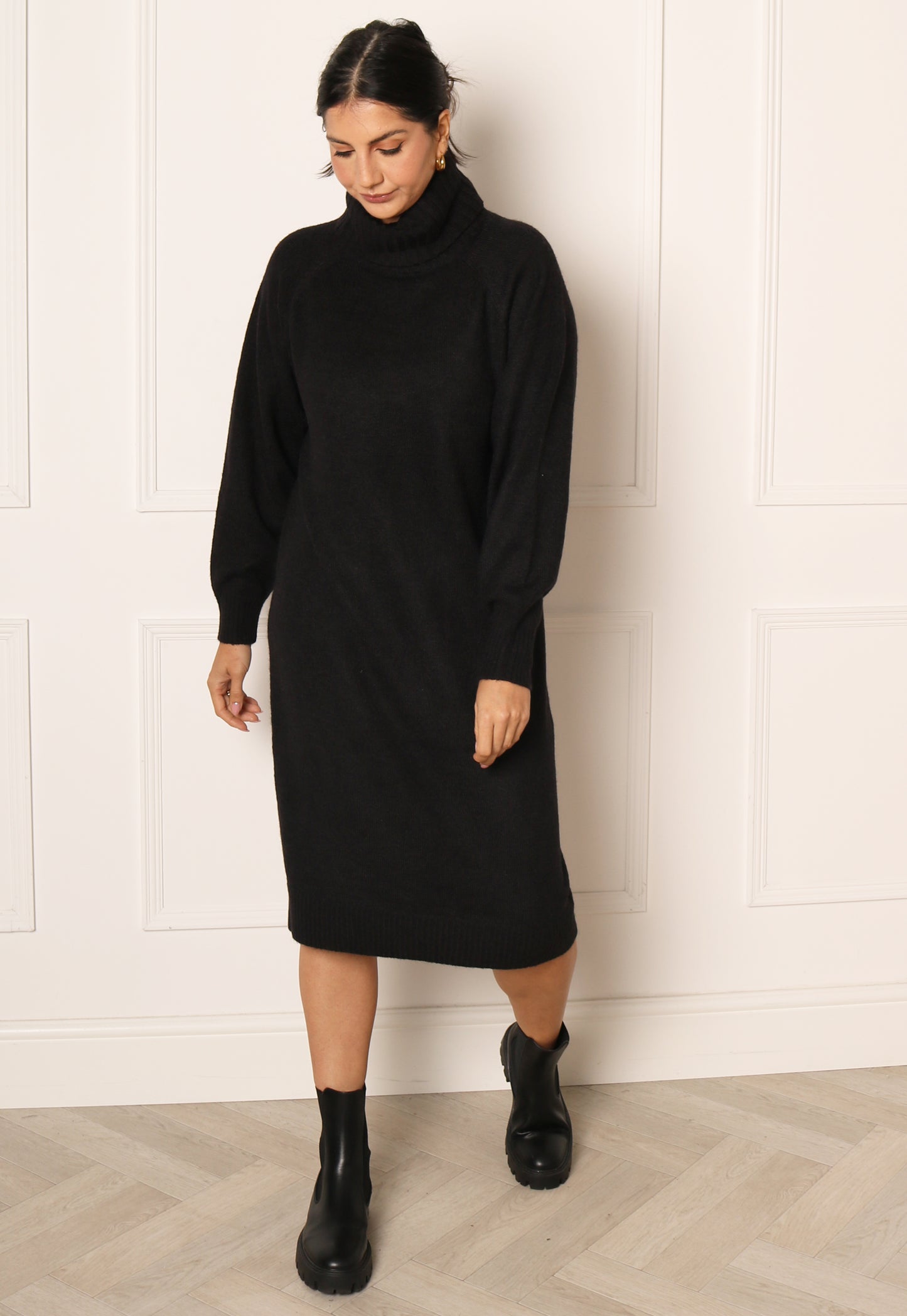 VERO MODA Daniela Long Sleeve Cowl Neck Knitted Midi Jumper Dress in Black - One Nation Clothing