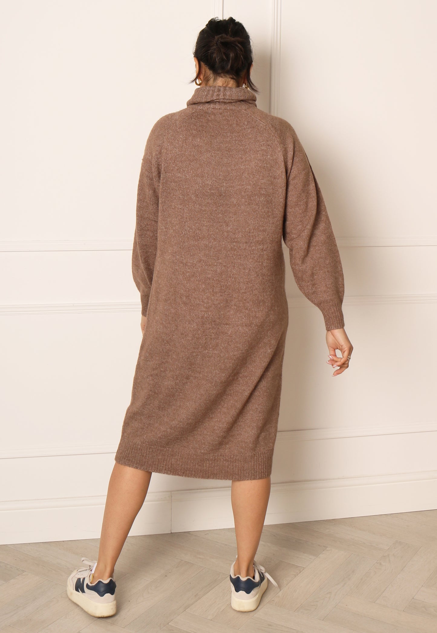 VERO MODA Daniela Long Sleeve Cowl Neck Knitted Midi Jumper Dress in Mocha Brown - One Nation Clothing