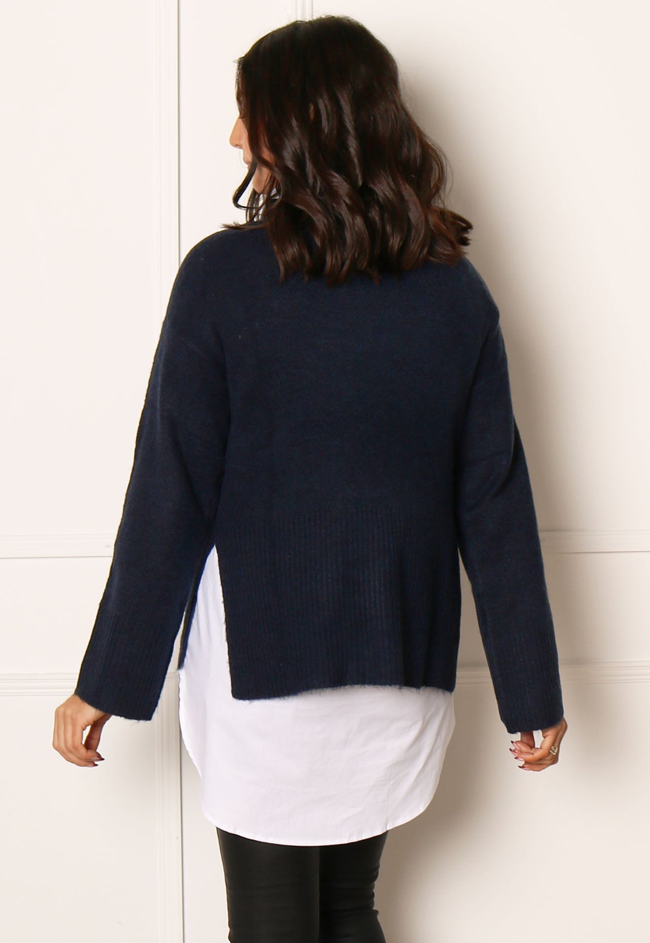 
                  
                    JDY Elanora High Neck Fluffy Knit Jumper with Side Splits in Navy Blue - One Nation Clothing
                  
                