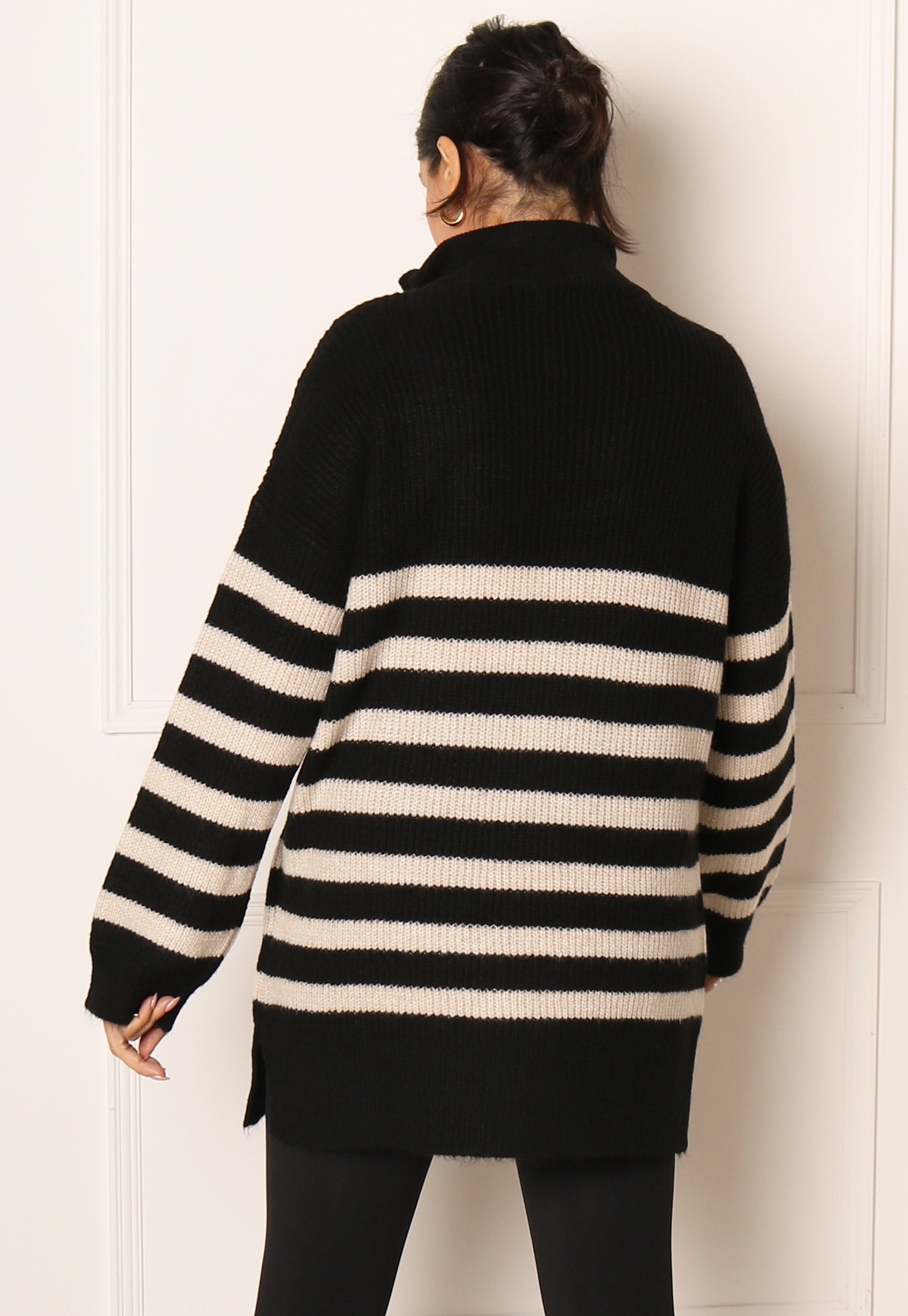 
                  
                    ONLY Frida Longline Fluffy Knit Stripe Half Zip High Neck Jumper in Black & Cream - One Nation Clothing
                  
                
