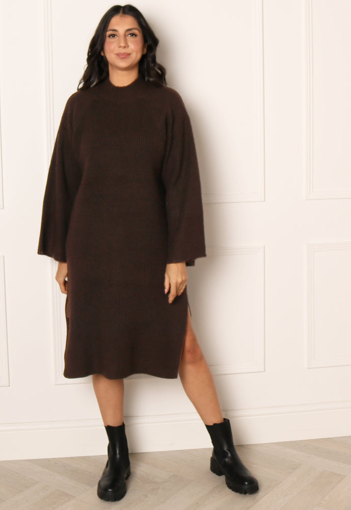 PIECES Jade Oversized Chunky Knit Long Sleeve High Neck Jumper Dress in Chocolate Brown - One Nation Clothing