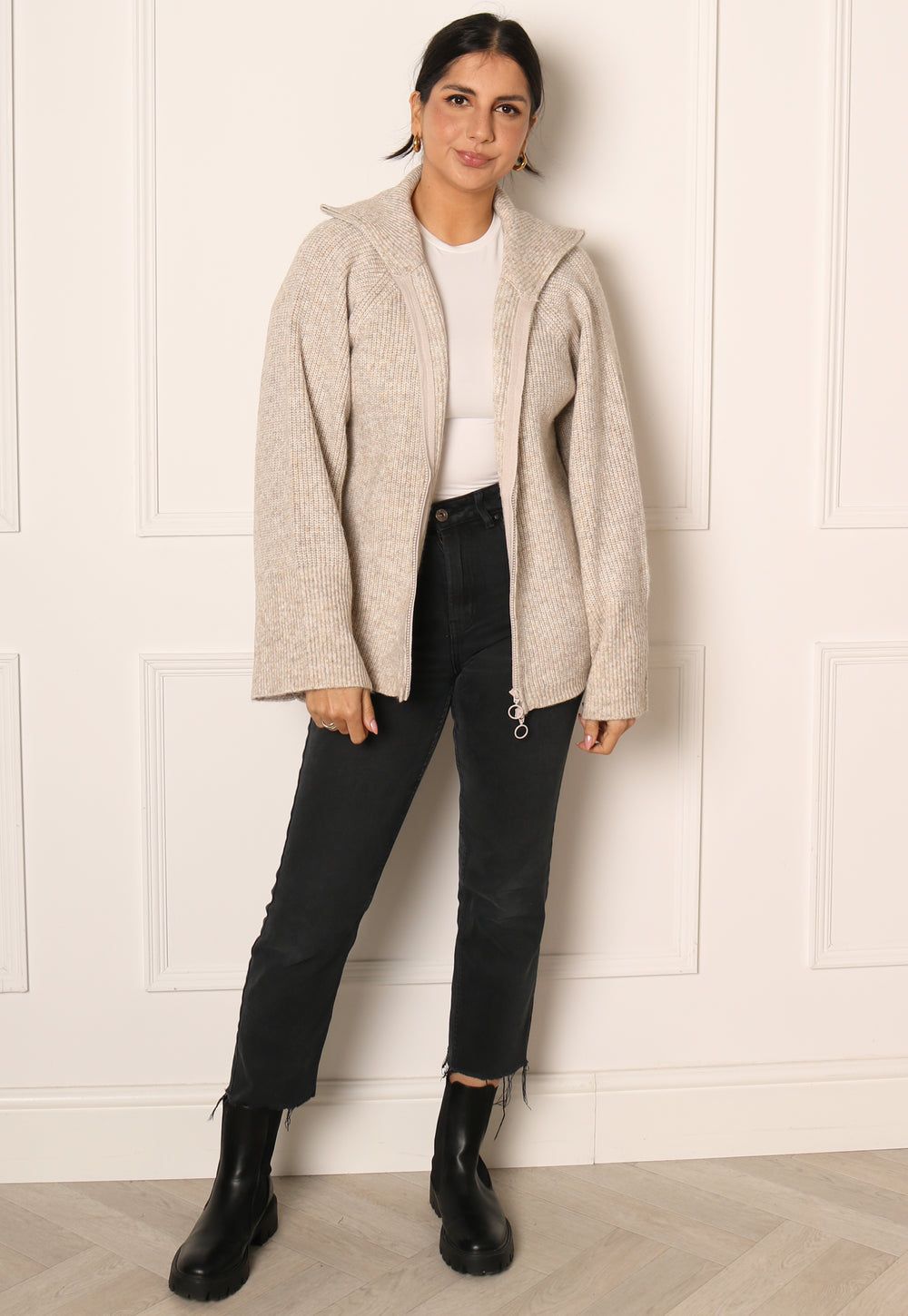PIECES Jade Chunky Knit Zip Through High Neck Cardigan in Beige