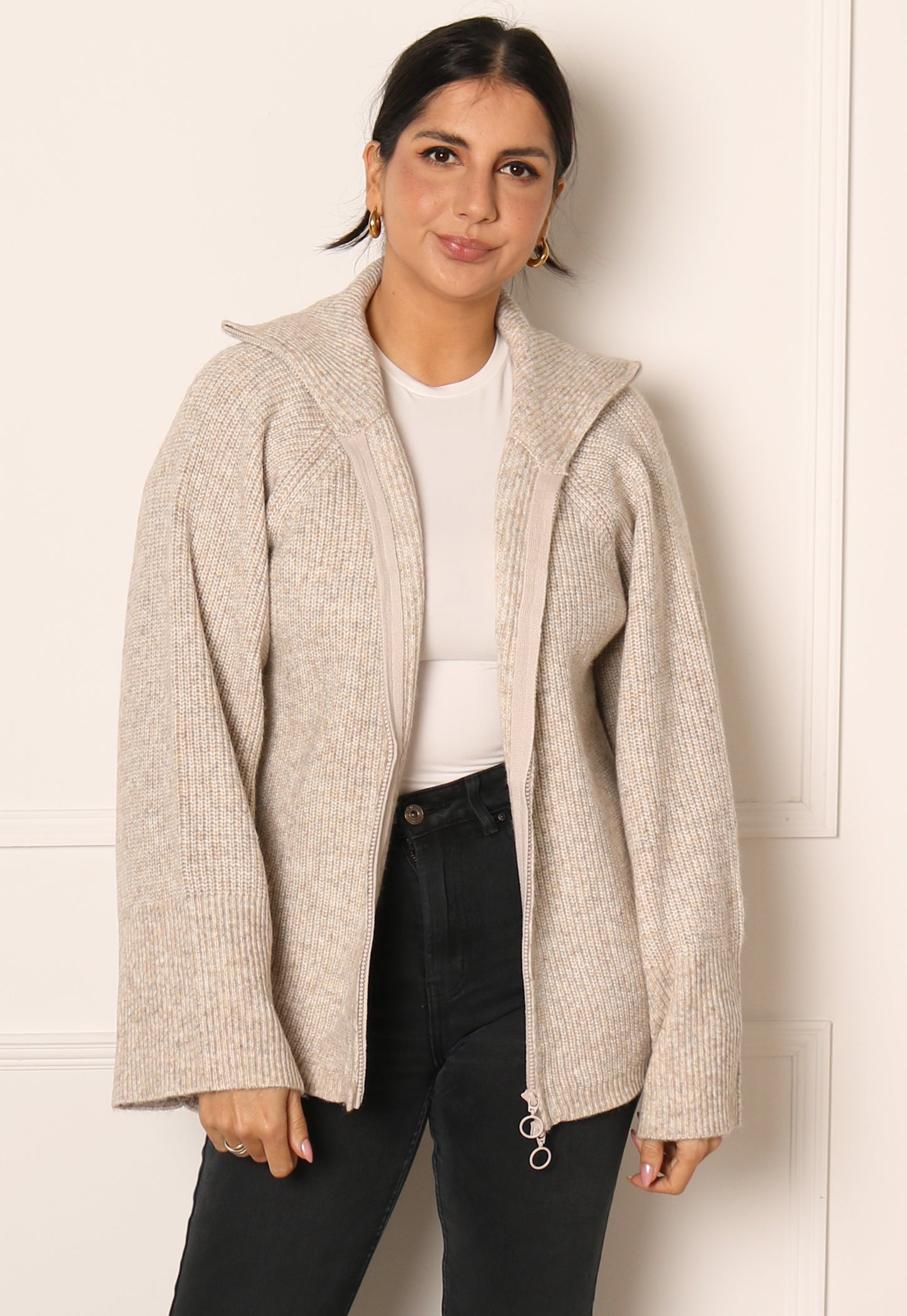 
                  
                    PIECES Jade Chunky Knit Zip Through High Neck Cardigan in Beige Melange - One Nation Clothing
                  
                