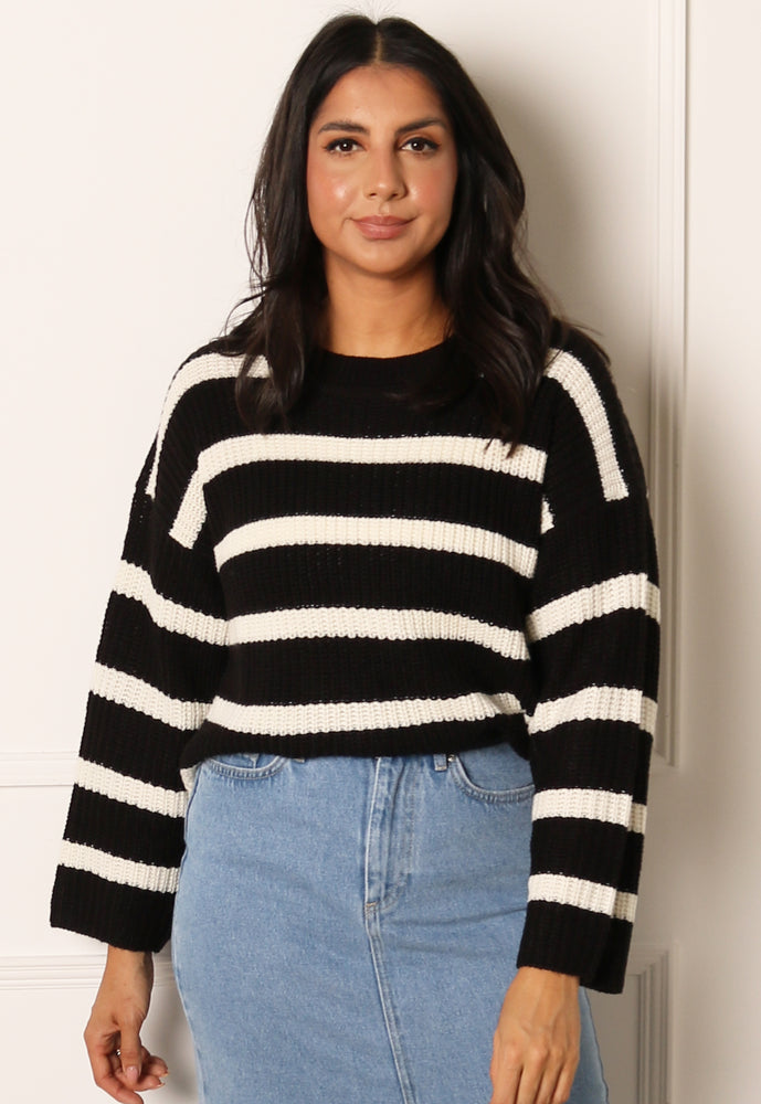 JDY Justy Chunky Knit Stripe Round Neck Jumper in Black & Cream - One Nation Clothing