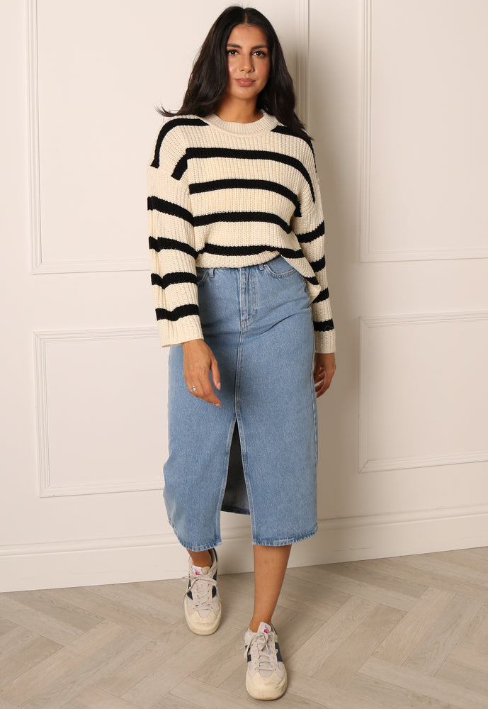 JDY Justy Chunky Knit Stripe Round Neck Jumper in Cream & Black - One Nation Clothing