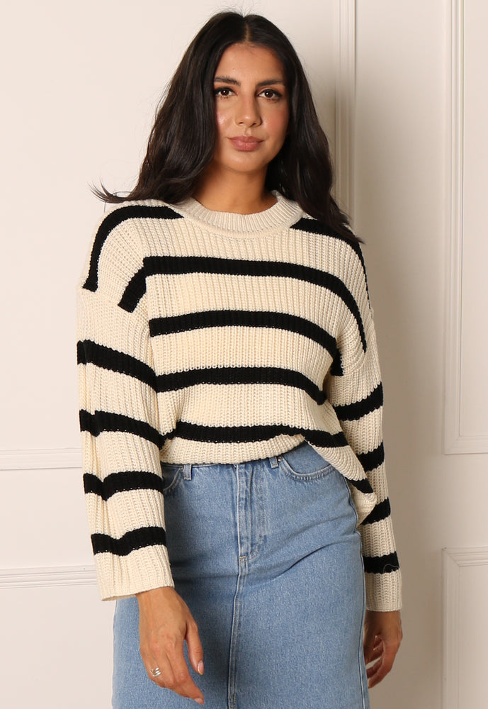 
                  
                    JDY Justy Chunky Knit Stripe Round Neck Jumper in Cream & Black - One Nation Clothing
                  
                