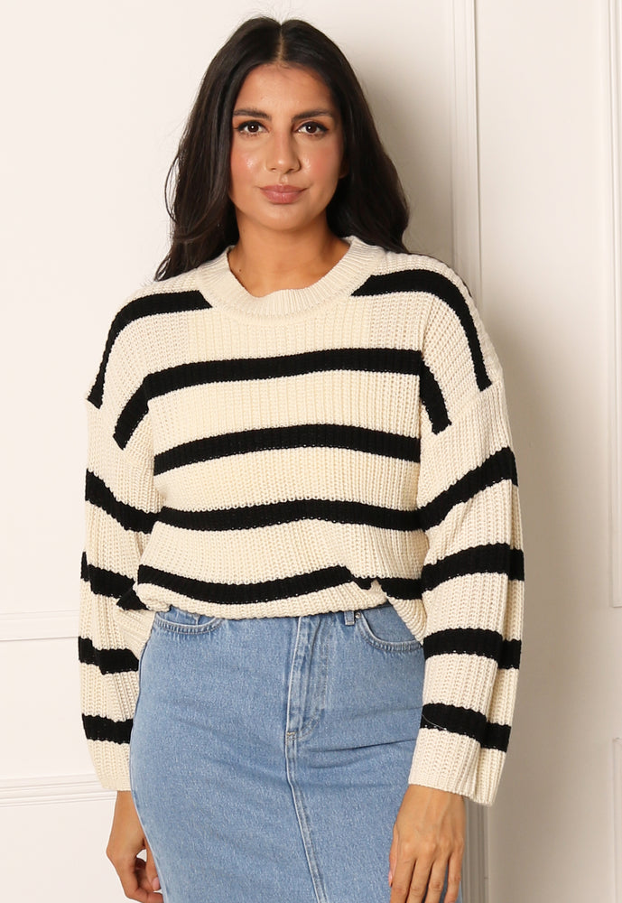 JDY Justy Chunky Knit Stripe Round Neck Jumper in Cream & Black - One Nation Clothing