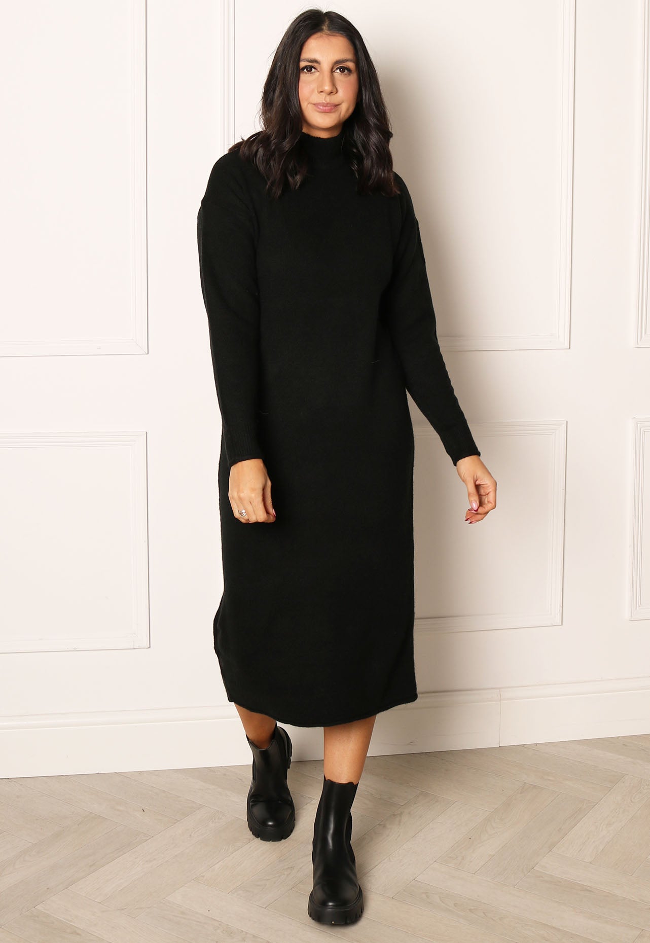 
                  
                    VILA Kaden Long Sleeve Funnel Neck Knitted Midi Jumper Dress in Black - One Nation Clothing
                  
                