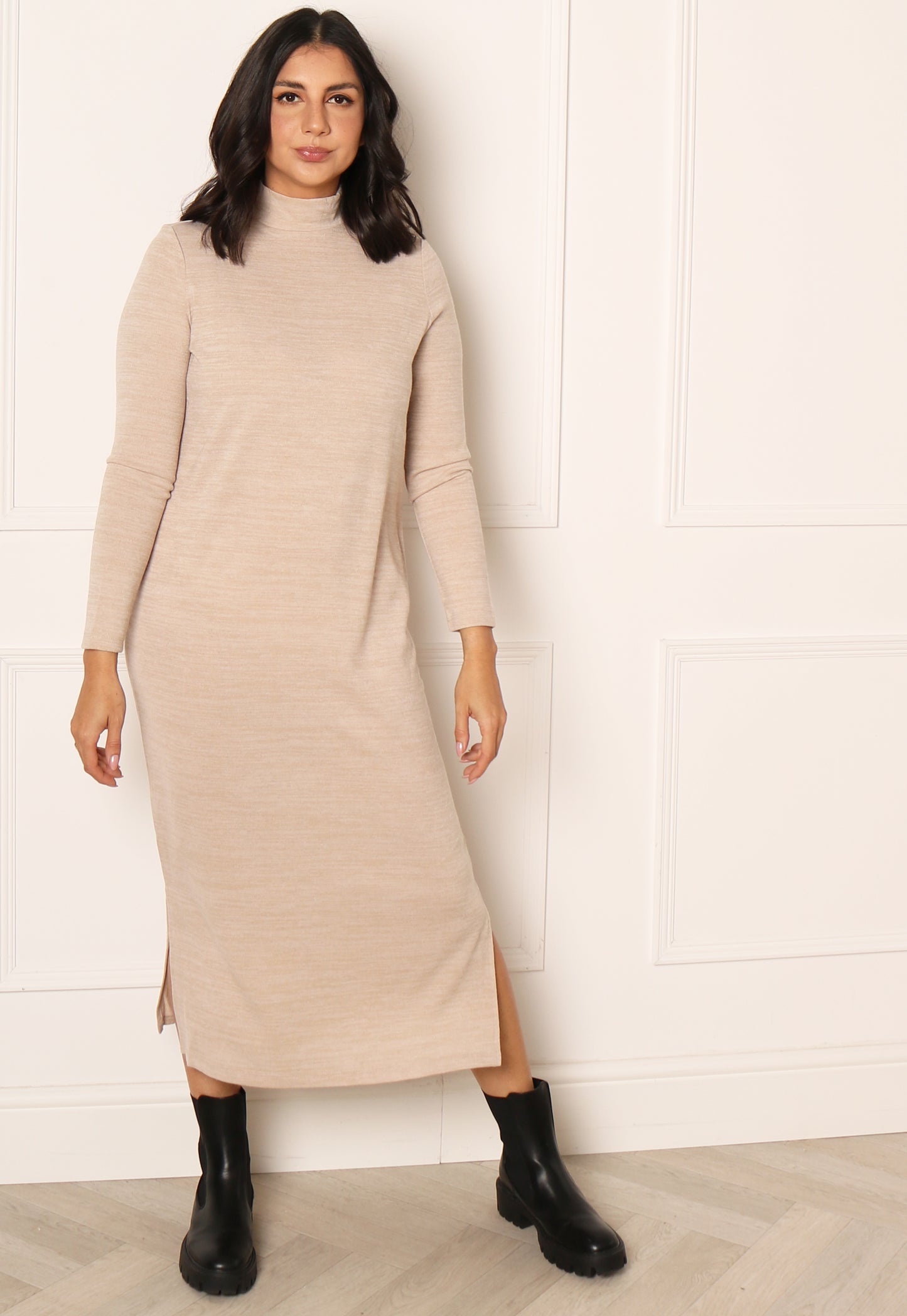JDY Katie Jersey Knit Midaxi Dress with Turtleneck in Beige Spacedye - One Nation Clothing