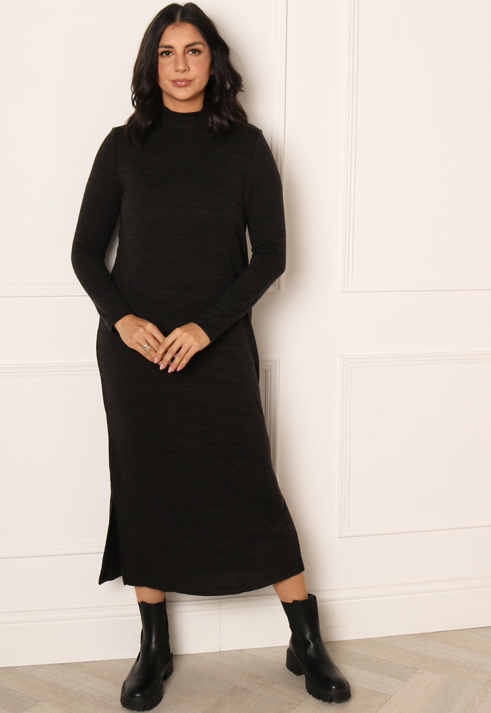 JDY Katie Jersey Knit Midaxi Dress with Turtleneck in Black Spacedye - One Nation Clothing