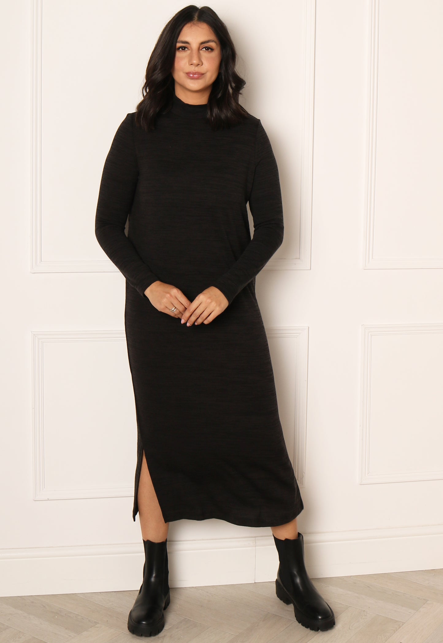 
                  
                    JDY Katie Jersey Knit Midaxi Dress with Turtleneck in Black Spacedye - One Nation Clothing
                  
                