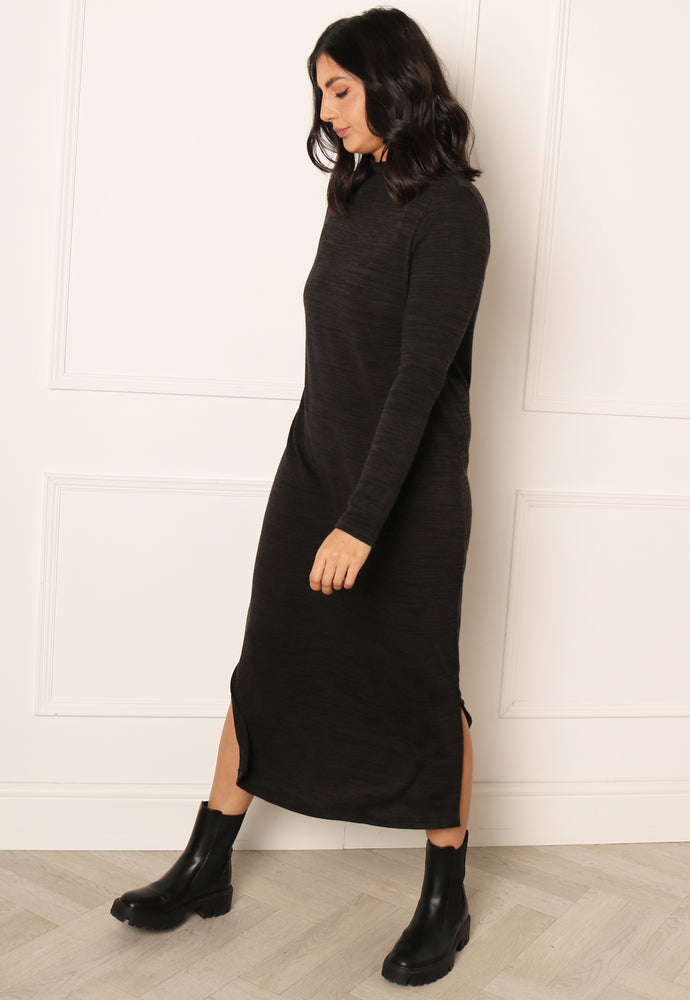 JDY Katie Jersey Knit Midaxi Dress with Turtleneck in Black Spacedye - One Nation Clothing