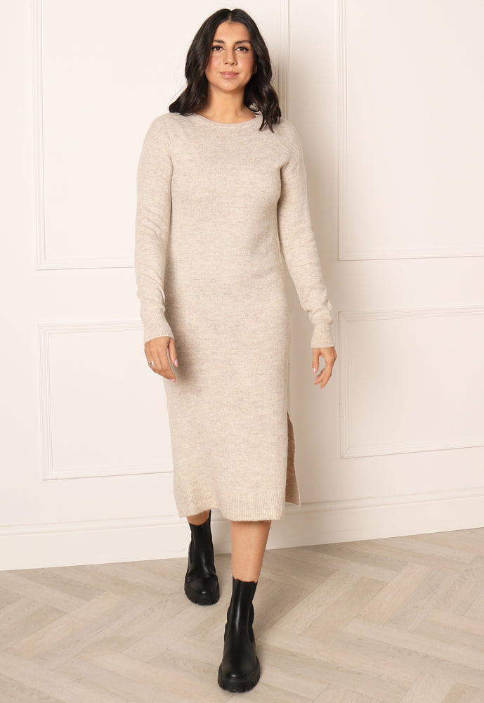 
                  
                    VERO MODA Lefile Long Sleeve Boat Neck Knitted Midi Dress with Side Splits in Cream Melange - One Nation Clothing
                  
                