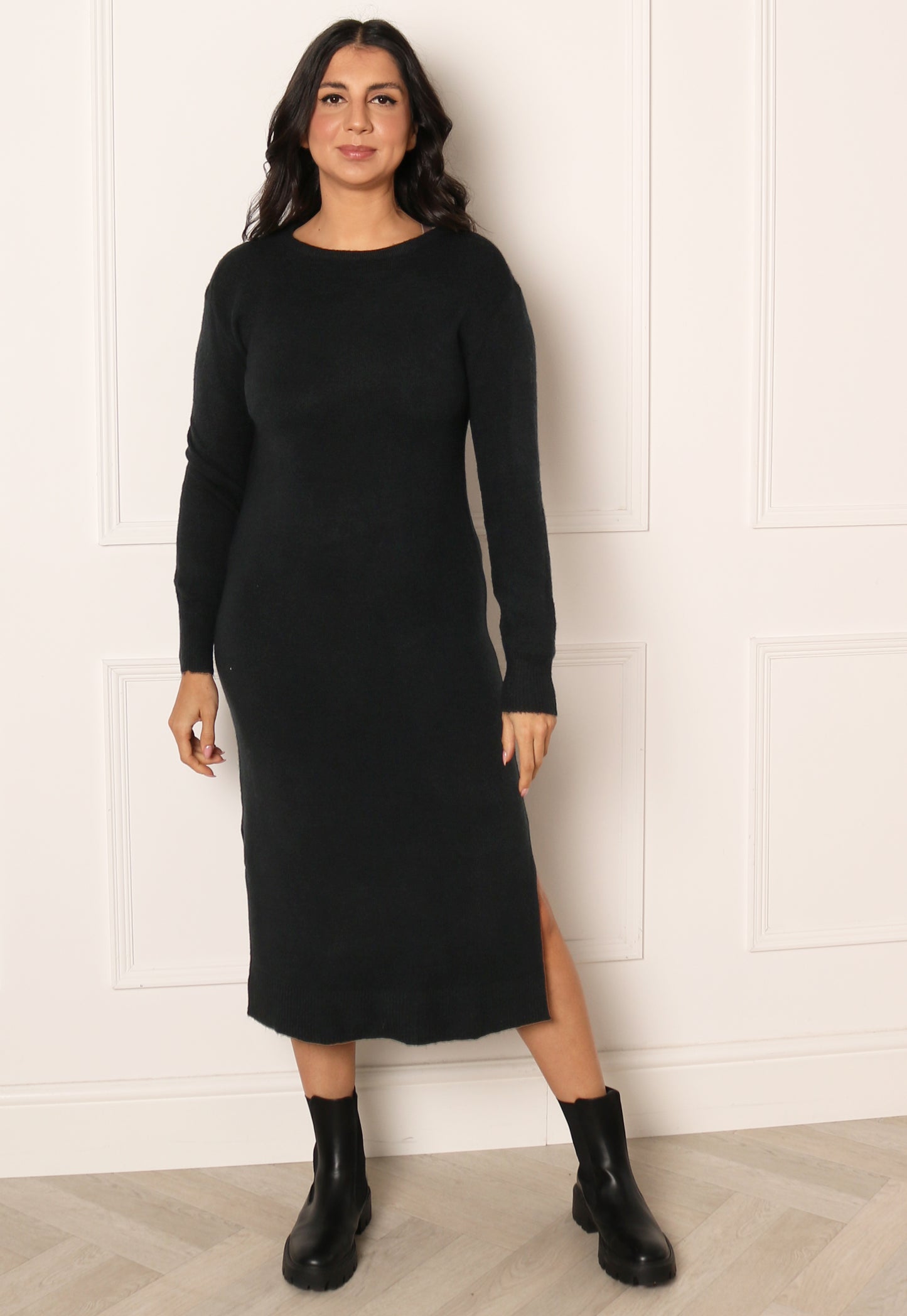 VERO MODA Lefile Long Sleeve Boat Neck Knitted Midi Dress with Side Splits in Black - One Nation Clothing
