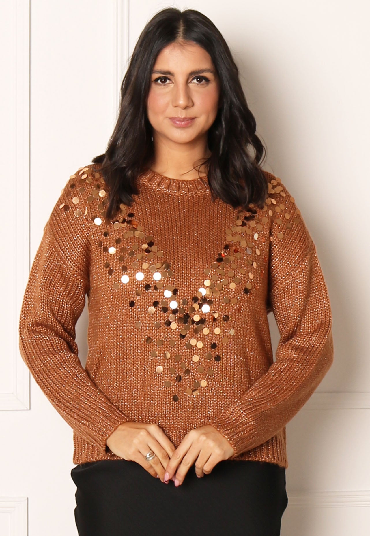 ONLY Nixi Metallic Lurex & Sequin Jumper in Ginger & Copper - One Nation Clothing