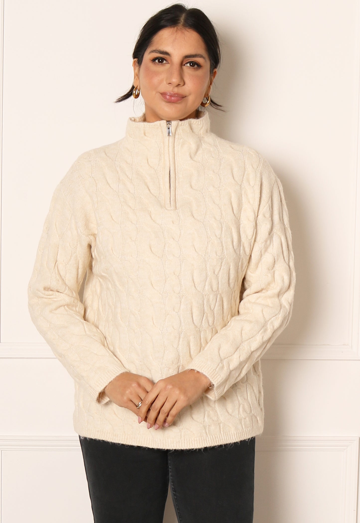 VERO MODA Philine Longline Cable Knit Fluffy Half Zip High Neck Jumper in Cream - One Nation Clothing