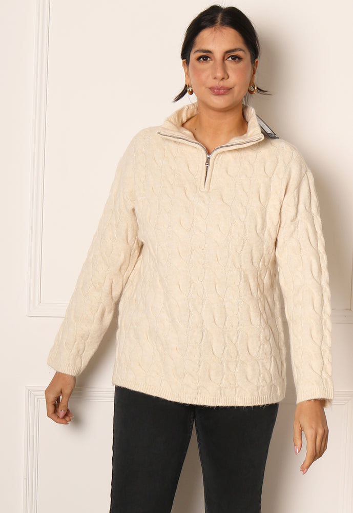 VERO MODA Philine Longline Cable Knit Fluffy Half Zip High Neck Jumper in Cream - One Nation Clothing