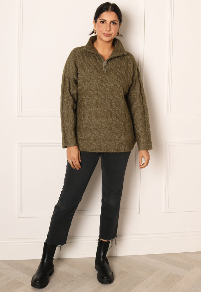 
                  
                    VERO MODA Philine Longline Cable Knit Fluffy Half Zip High Neck Jumper in Khaki Green - One Nation Clothing
                  
                