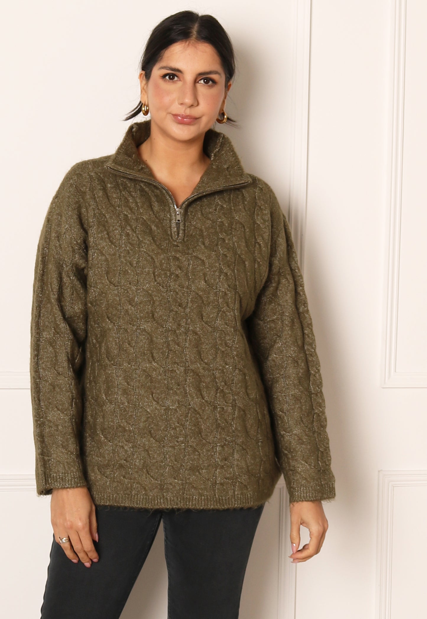 
                  
                    VERO MODA Philine Longline Cable Knit Fluffy Half Zip High Neck Jumper in Khaki Green - One Nation Clothing
                  
                