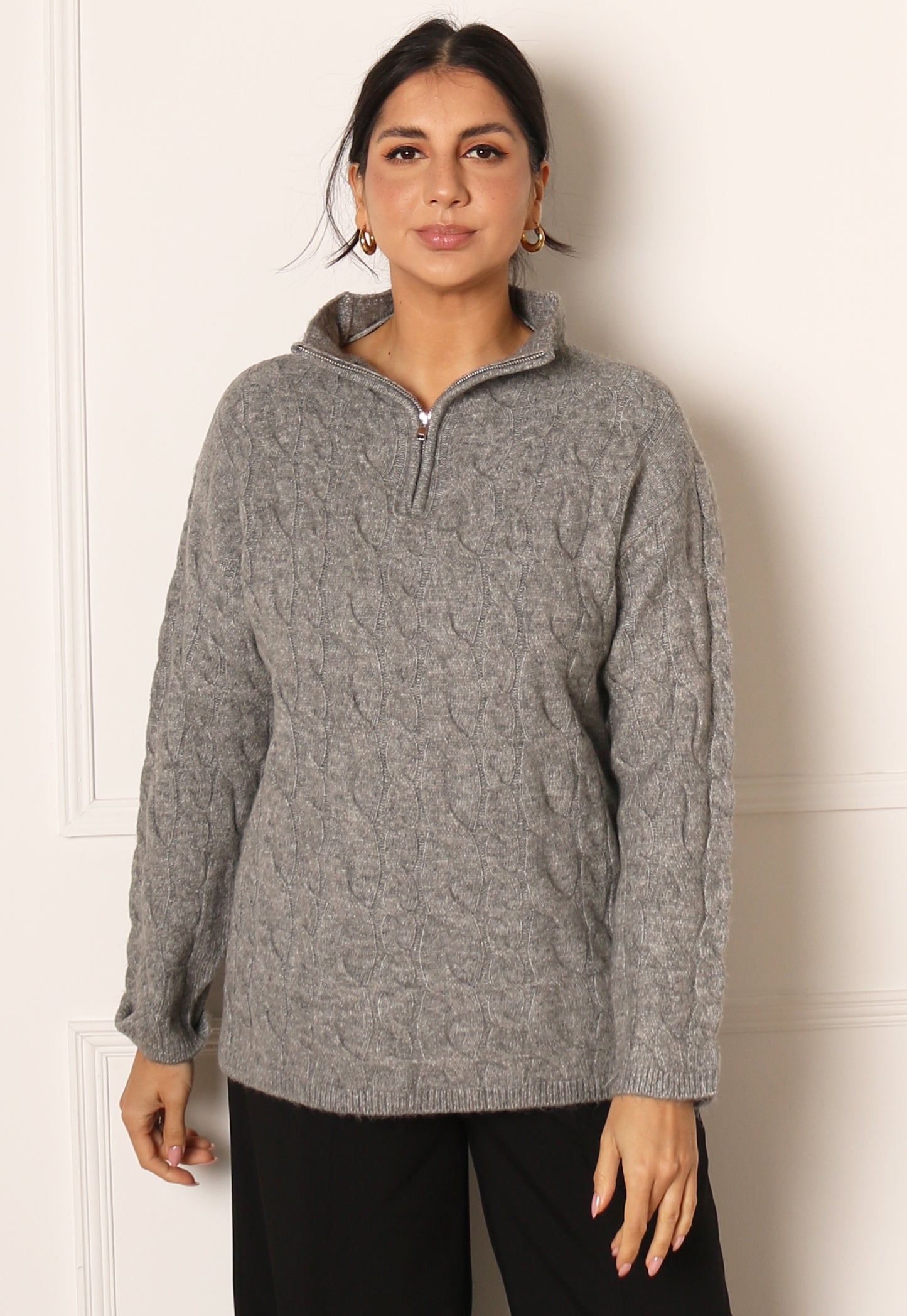 
                  
                    VERO MODA Philine Longline Cable Knit Fluffy Half Zip High Neck Jumper in Grey - One Nation Clothing
                  
                