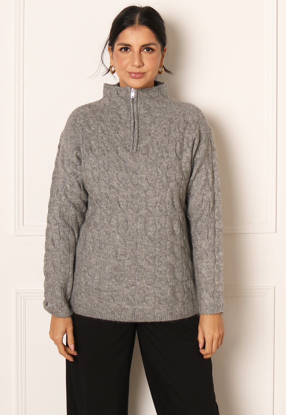 VERO MODA Philine Longline Cable Knit Fluffy Half Zip High Neck Jumper in Grey - One Nation Clothing