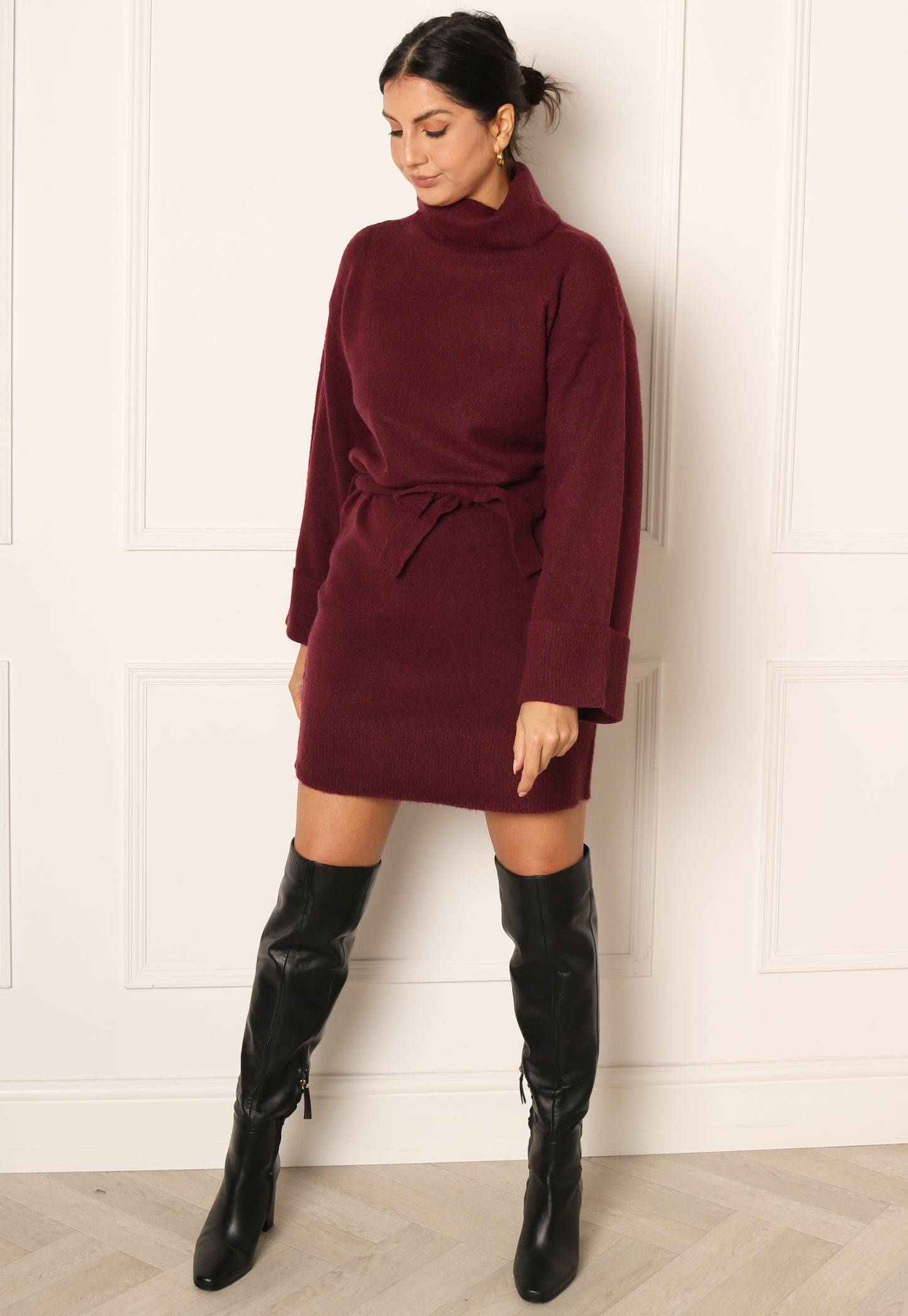 VILA Rolfie Long Sleeve Rollneck Belted Mini Jumper Dress in Wine - One Nation Clothing