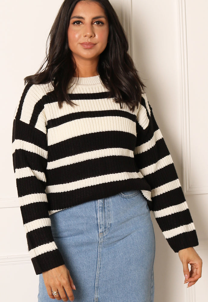 JDY Runa Chunky Knit Ombre Stripe Round Neck Jumper in Black & Cream - One Nation Clothing